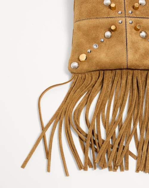 Valentino Garavani - Valentino Garavani Nellcôte Small Shoulder Bag In Suede With Fringes - Havana Beige - Woman - Shoulder Bags